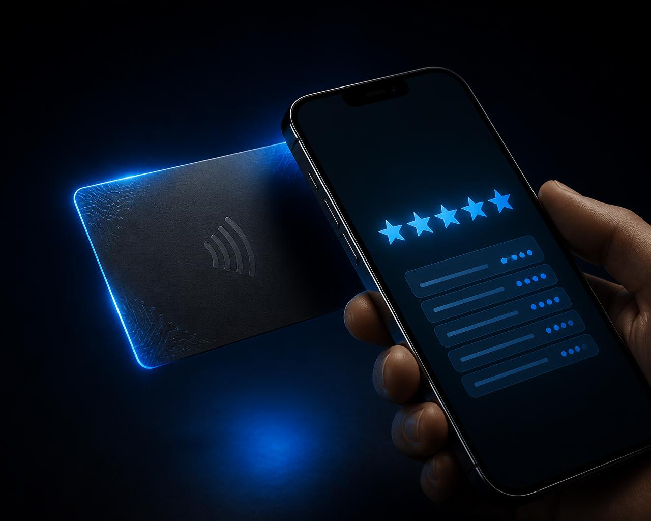 A black NFC Google review card being tapped by a smartphone showing a five-star review screen